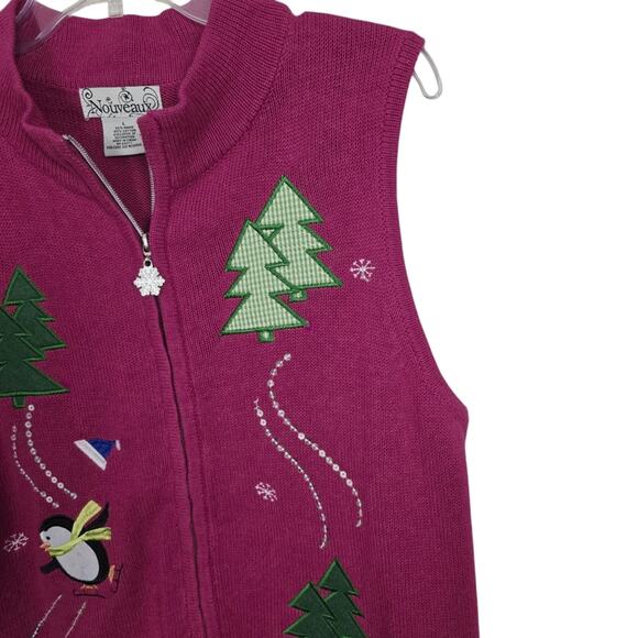 Nouveaux Red Ugly Christmas Sweater Vest Zip Up Holidays Christmas Trees L - Picture 12 of 14